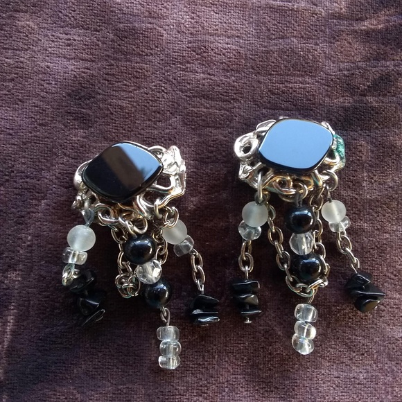 Vintage Boho Black Glass Dangle Earrings - Picture 2 of 5